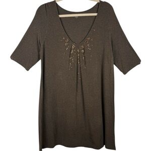 Eileen Fisher Brown Sequin Embellished V Neck Tunic Top Size L